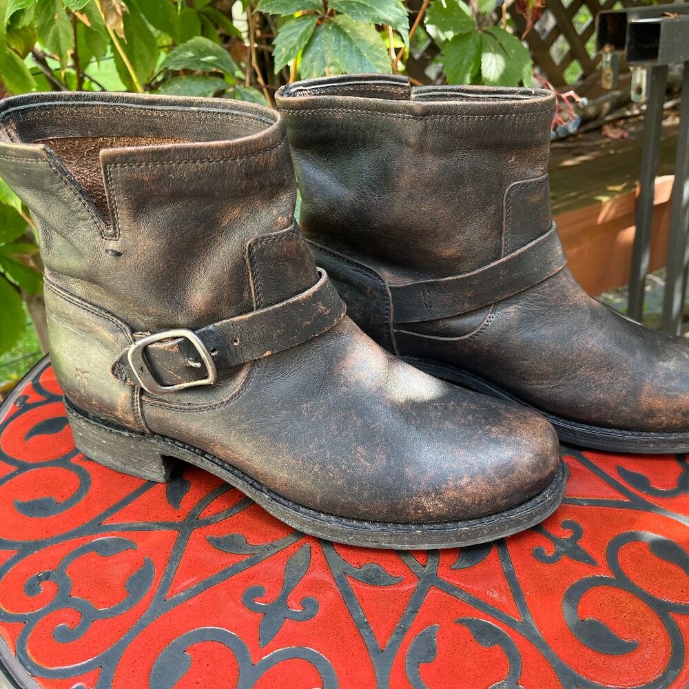 Frye Veronica Bootie Leather Moto Boots Distressed Brown
